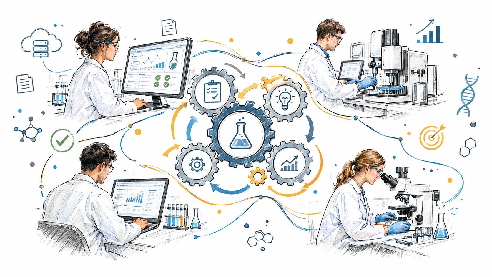 Scientists and laboratory researchers working on data analysis, research, and laboratory experiments using advanced modern digital technology equipment.
