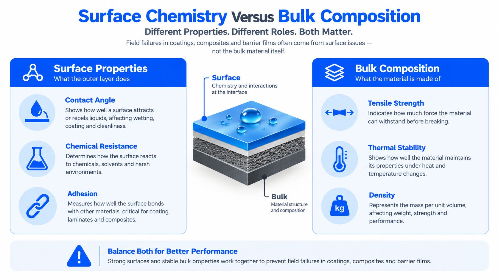 A comparison infographic between surface chemistry and bulk composition properties in advanced material science.
