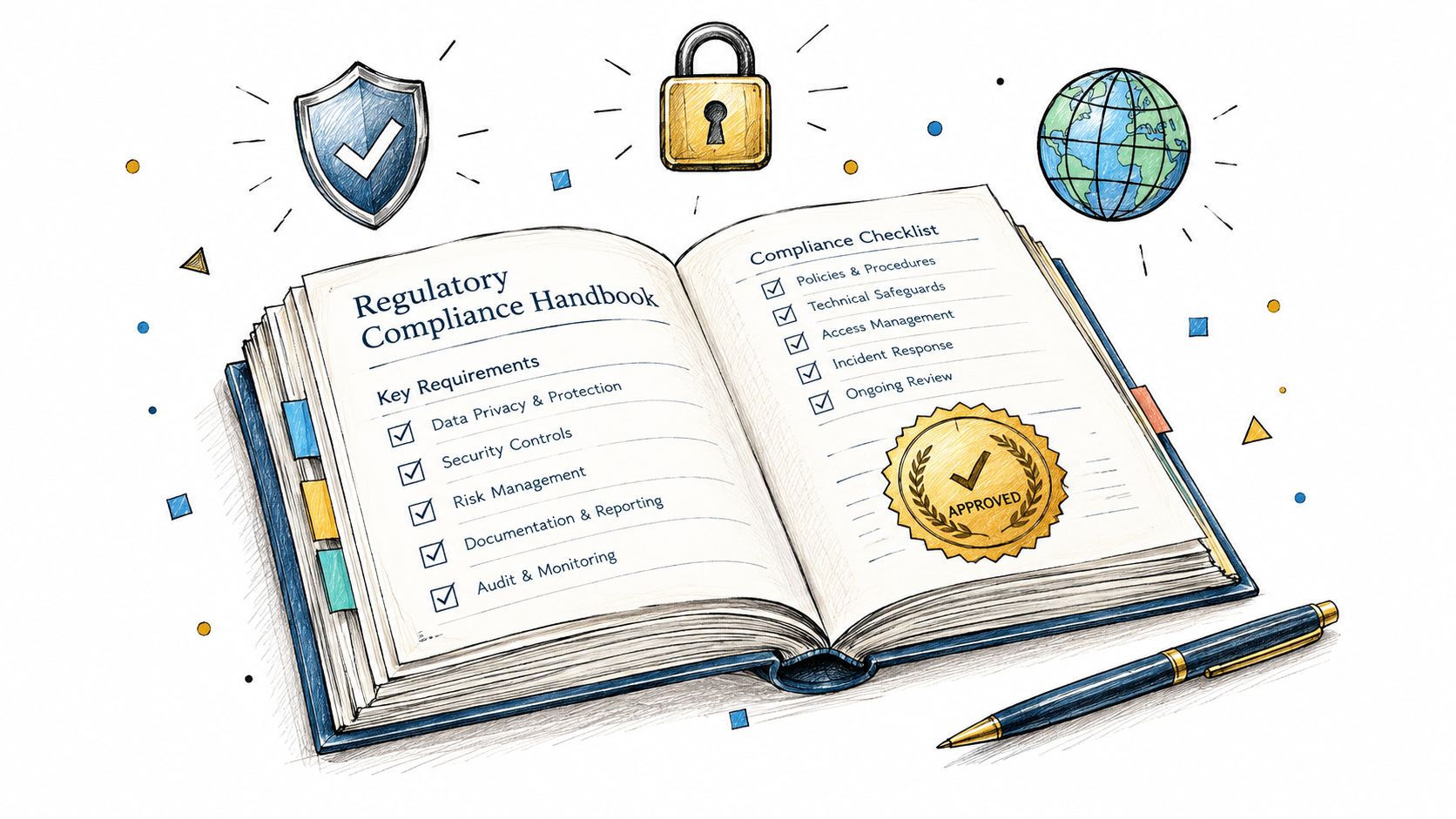 An open regulatory compliance handbook with a gold approved seal, security icons, and a checklist.