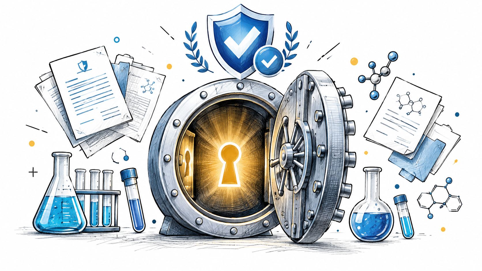 An illustration of a secure bank vault door surrounded by laboratory glassware and scientific research documentation.