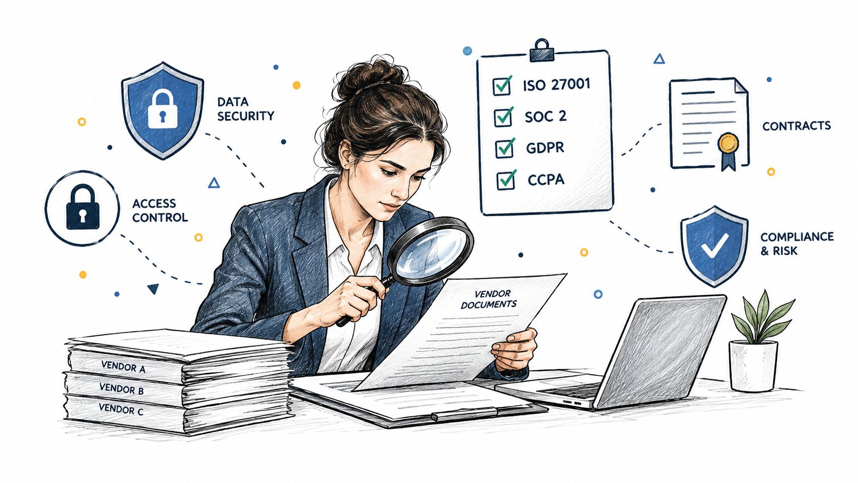 A professional analyst examining vendor documents to ensure data security, privacy compliance, and proper risk management standards.