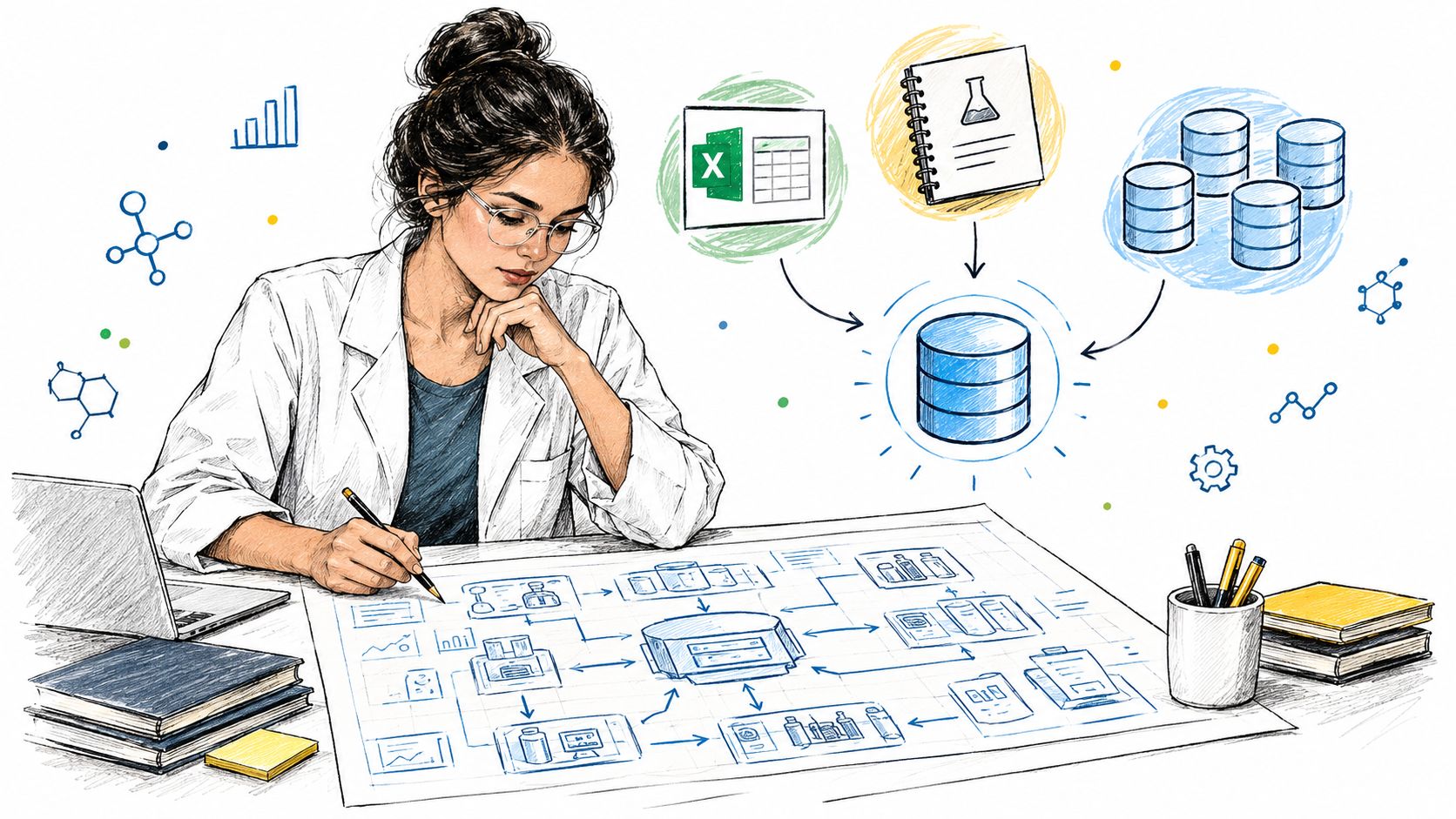A scientist sketching a complex data flow diagram on paper at a modern office workstation.