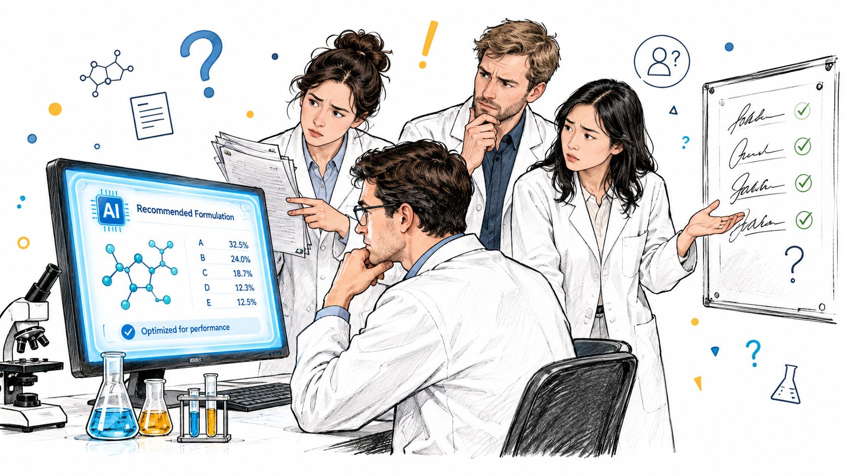 A team of scientists in lab coats analyze AI-generated chemical formulations on a computer screen.