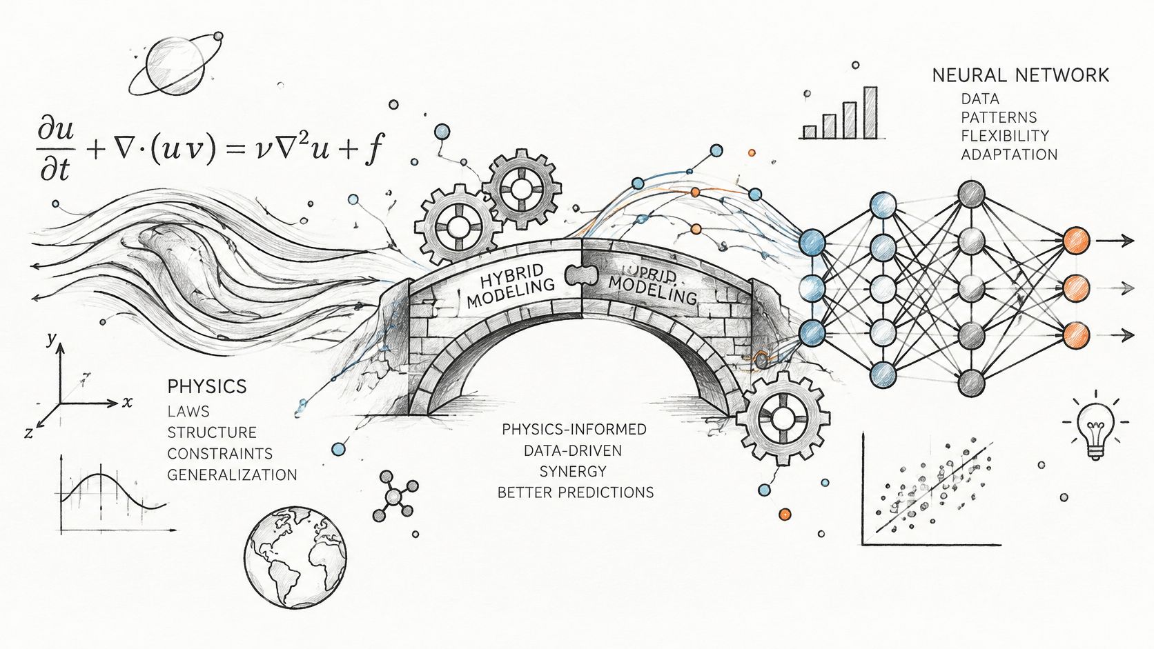 Conceptual illustration showing a bridge connecting fluid physics equations to a neural network for hybrid modeling.