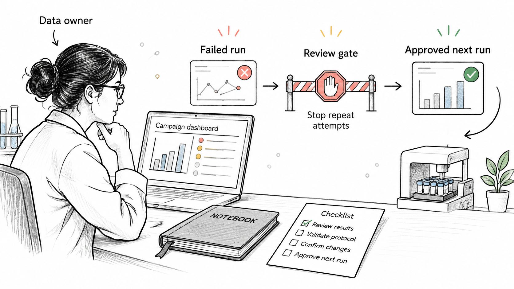A data scientist reviewing a failed experimental run on a laboratory dashboard using a structured checklist procedure.