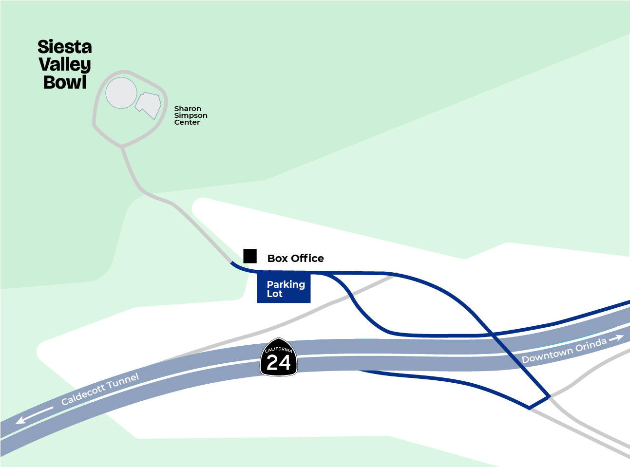 Map to Siesta Valley Bowl showing Highway 24, the Caldecott Tunnel, the parking lot, and box office
