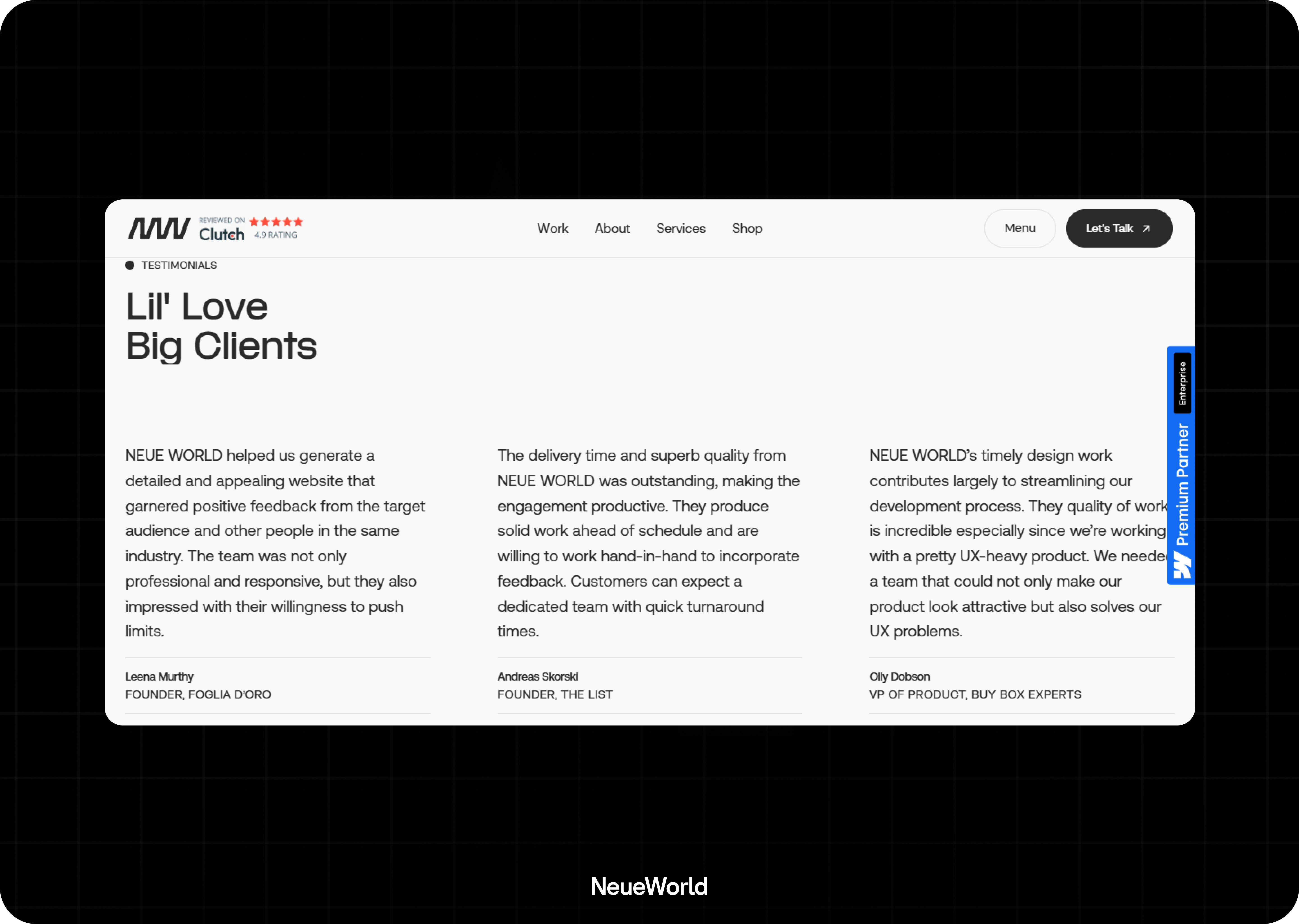 neue world testimonials