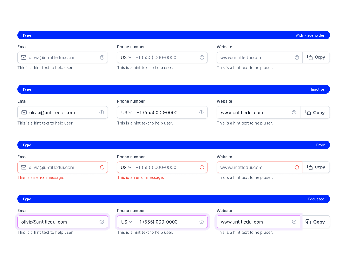 Different types of input fields in a designs system