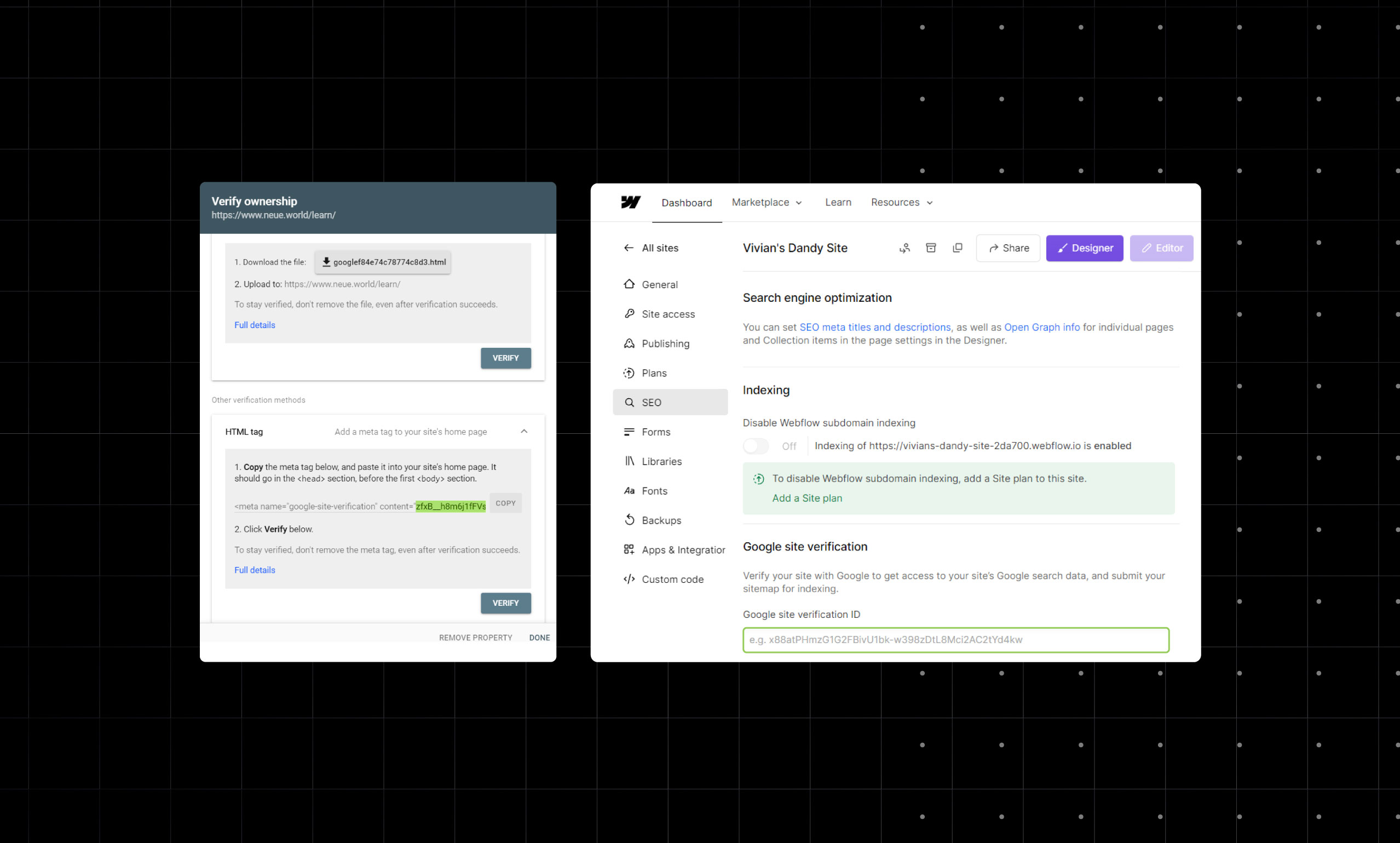 google search console setup on webflow