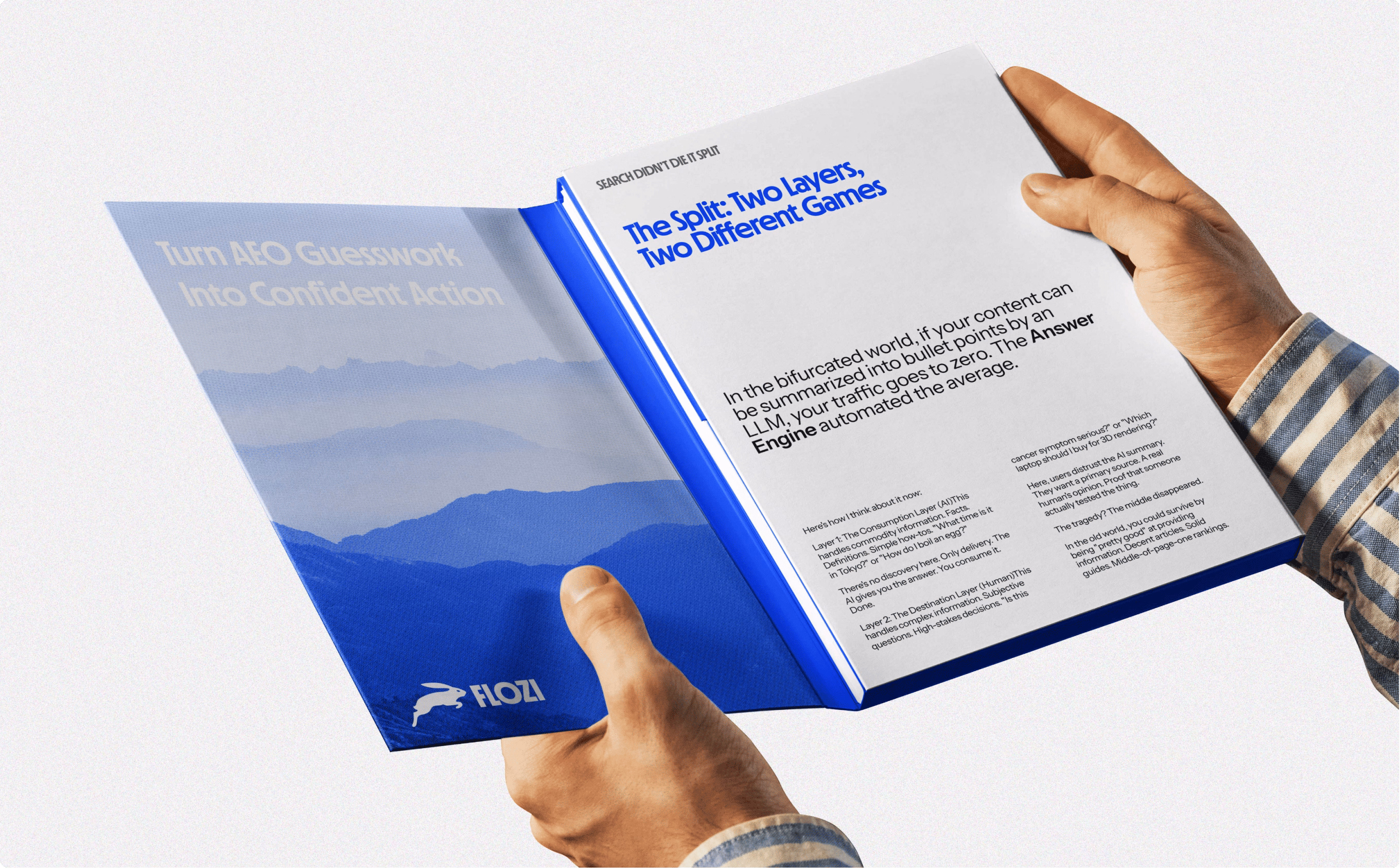 Hands holding an open Flozi brand book with blue mountain graphics and text about turning guesswork into action. 