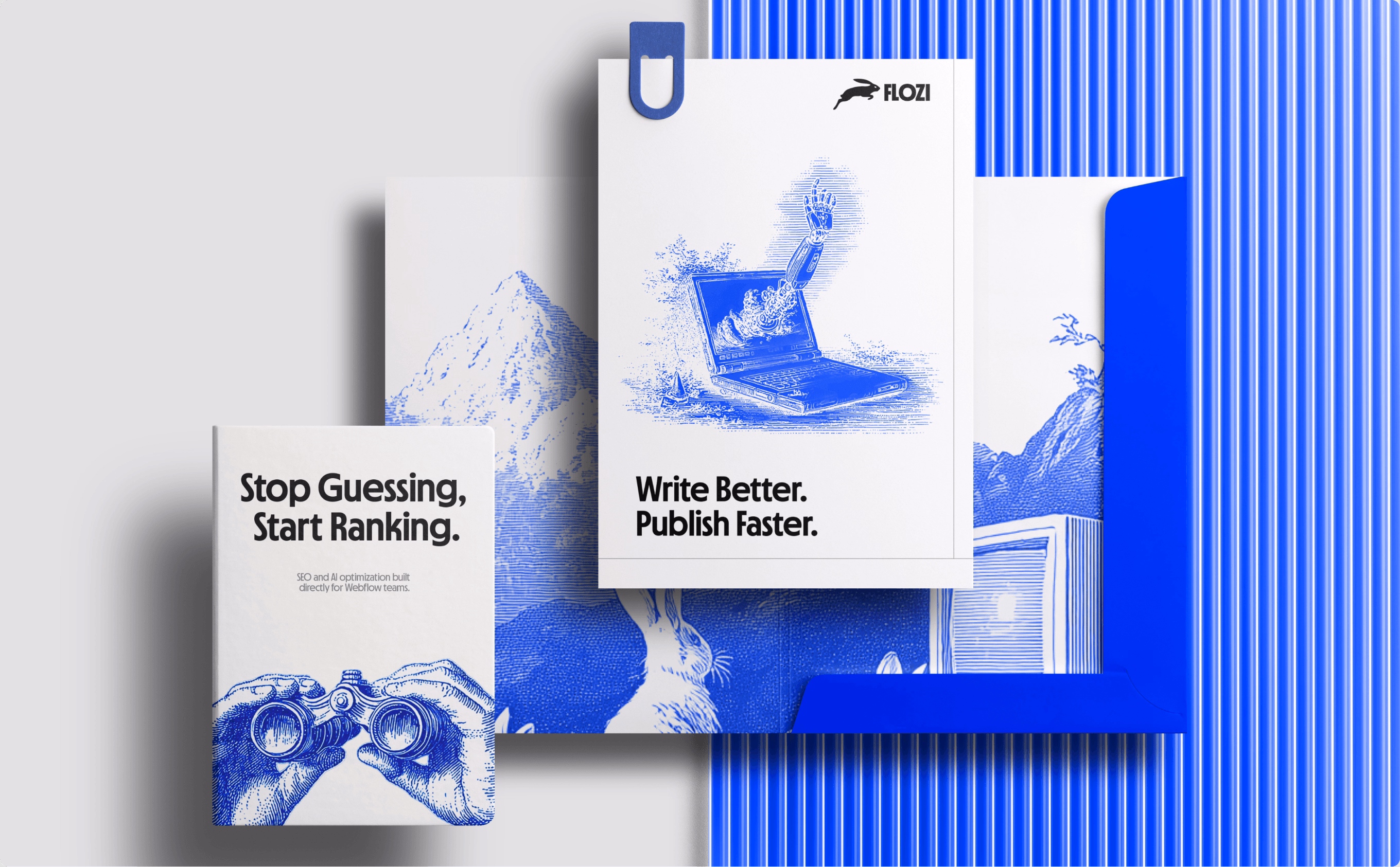 Flozi brand stationery mockup featuring booklets and cards with blue sketch-style illustrations and bold taglines. 