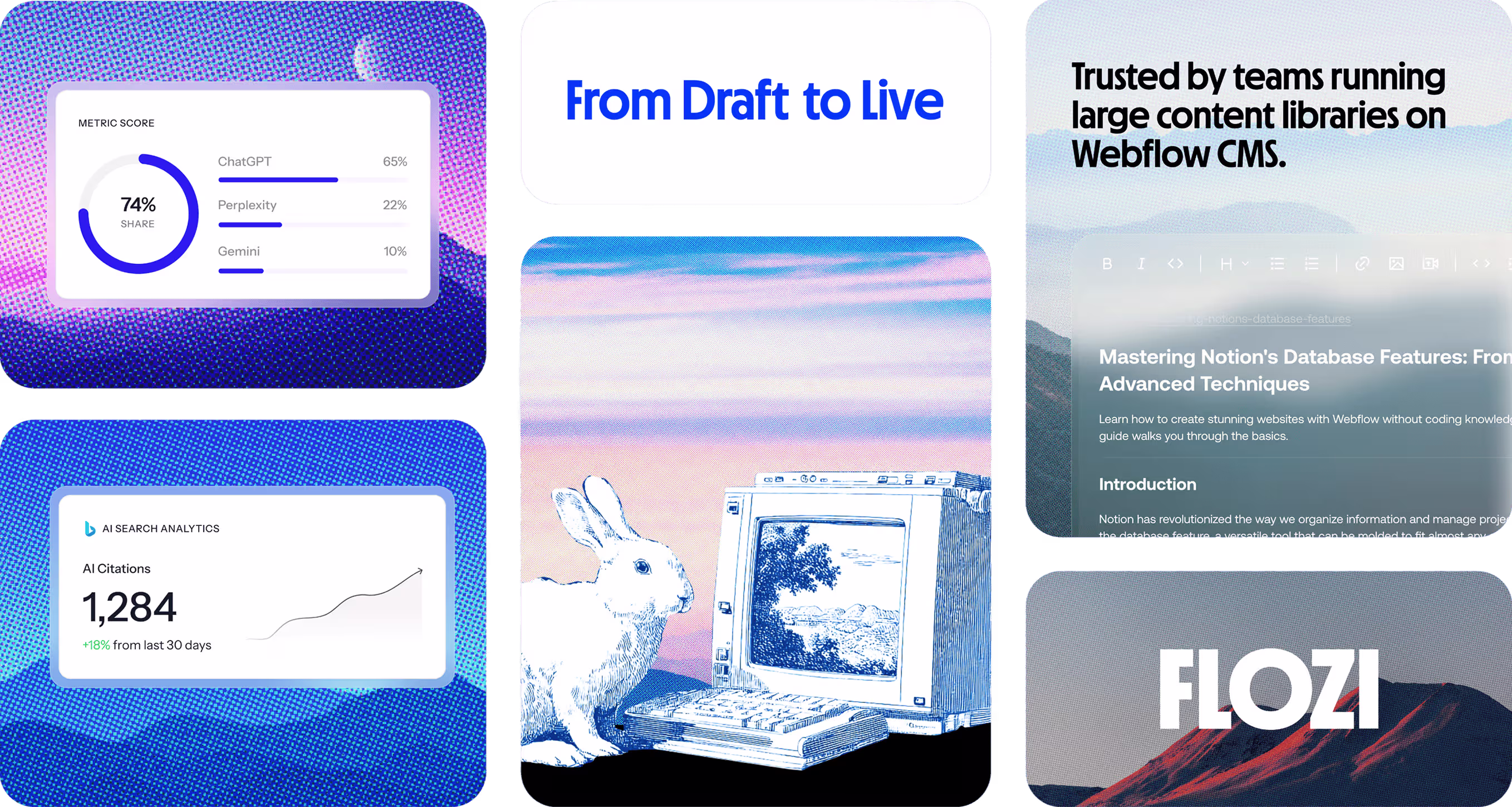 A collage of Flozi brand elements including data dashboards, the rabbit mascot at a computer, and "From Draft to Live" text. 