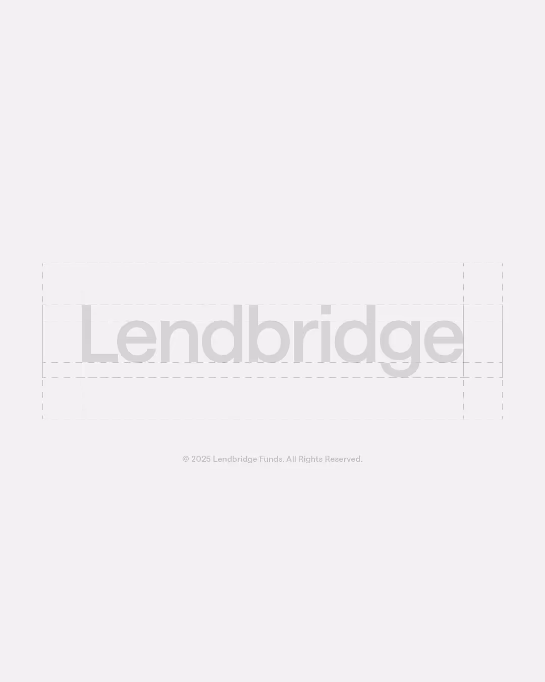 A technical logo construction guide for Lendbridge, showing the wordmark within a grid system of dashed guide lines.