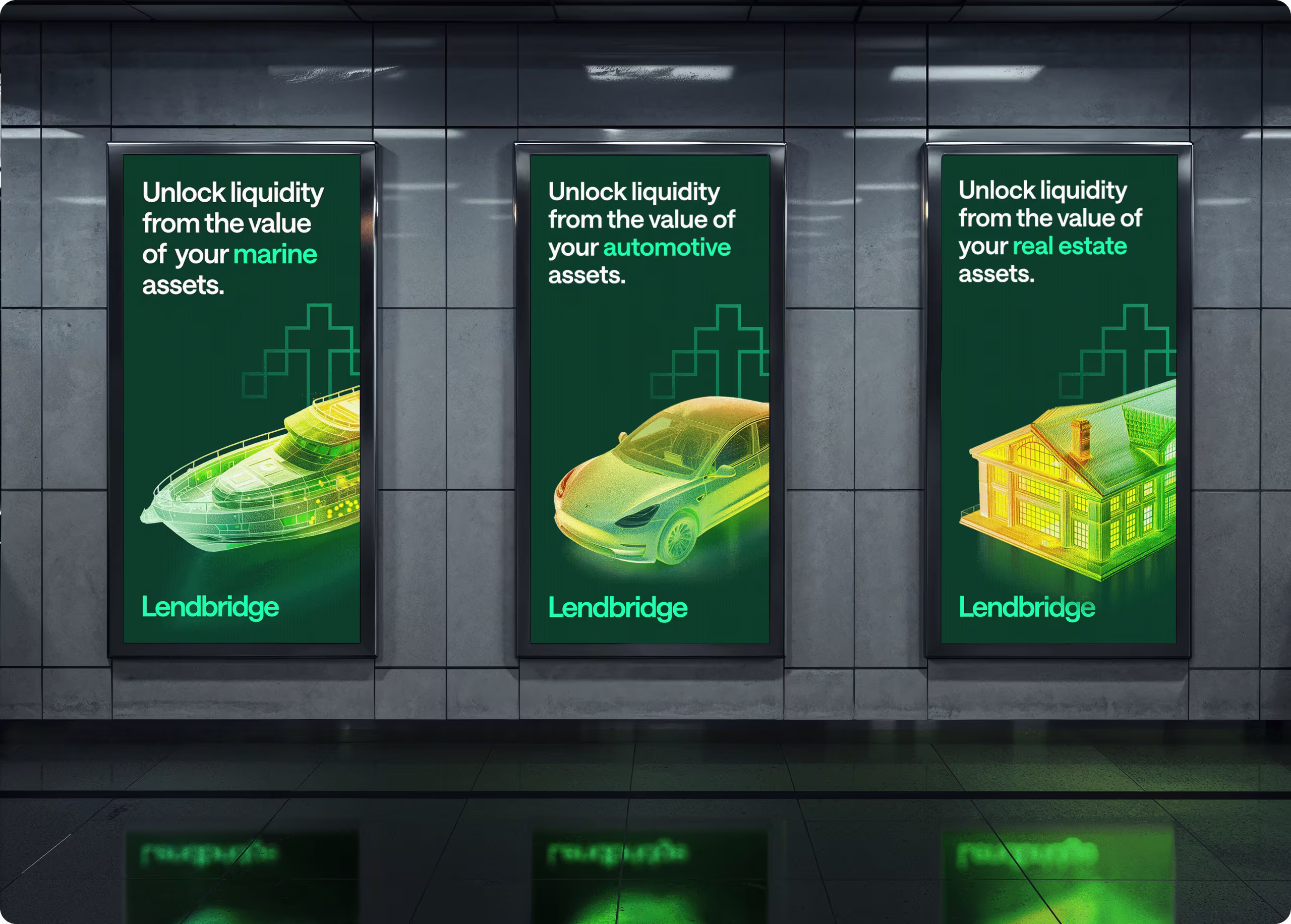 Three vertical posters for Lendbridge in a subway station, showcasing 3D-glowing models of a yacht, a car, and a house with taglines for marine, automotive, and real estate assets.