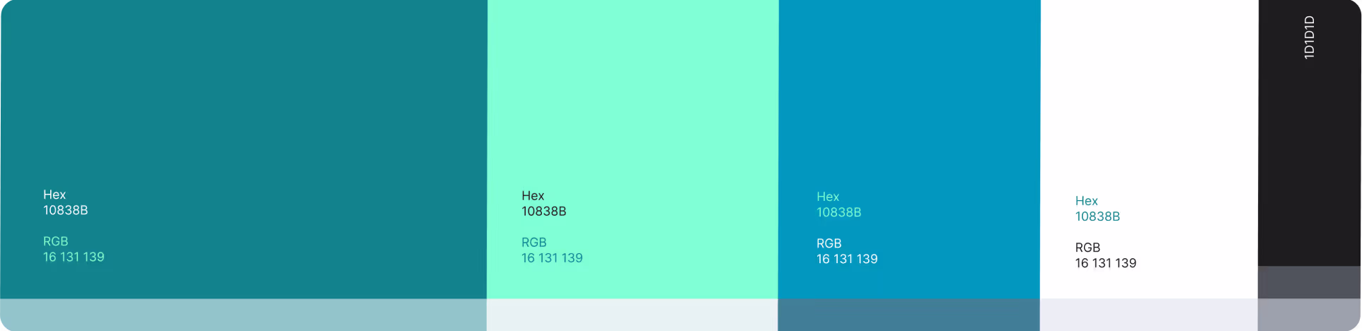 A brand color palette guide for $MC^2$ Finance, displaying three shades of teal and mint green with their corresponding Hex code (10838B) and RGB values (16 131 139). 