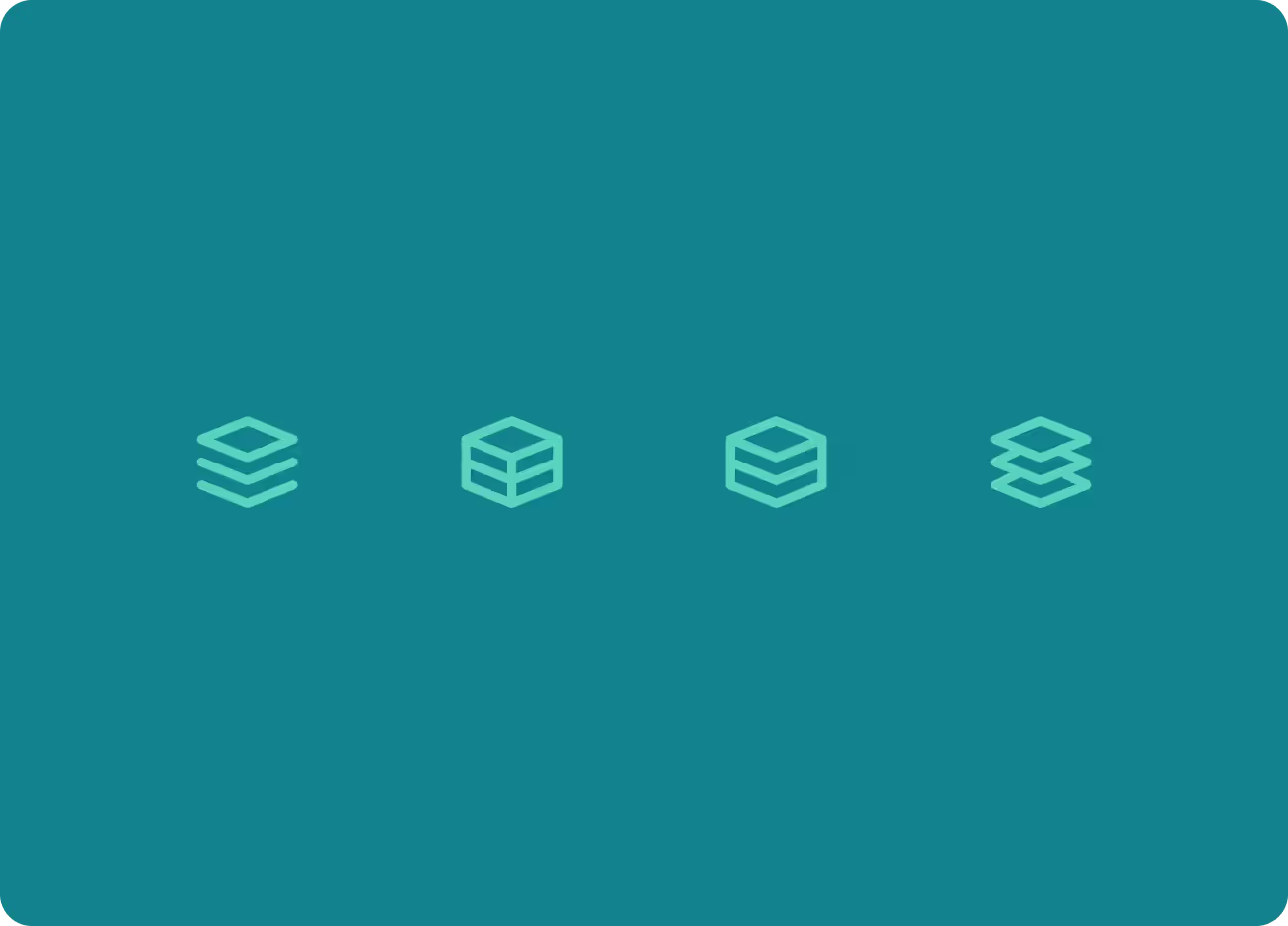Four mint green line-art icons representing data stacks and isometric cubes, displayed in a horizontal row on a dark teal background for the MC2 Finance brand. 