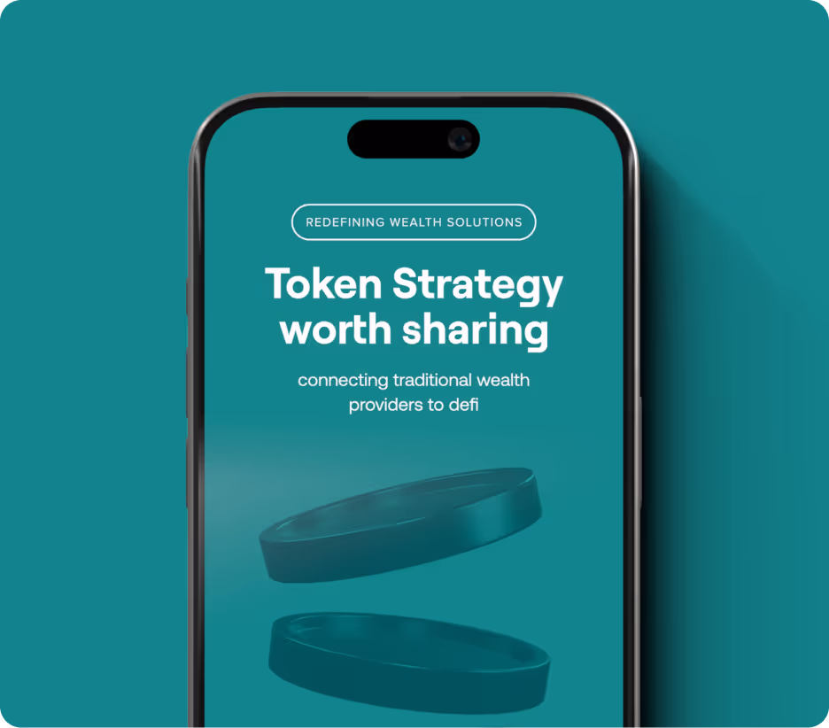 A close-up of a smartphone screen showing the MC2 Finance app interface with the bold headline "Token Strategy worth sharing" and a 3D visual of teal tokens against a matching background. 