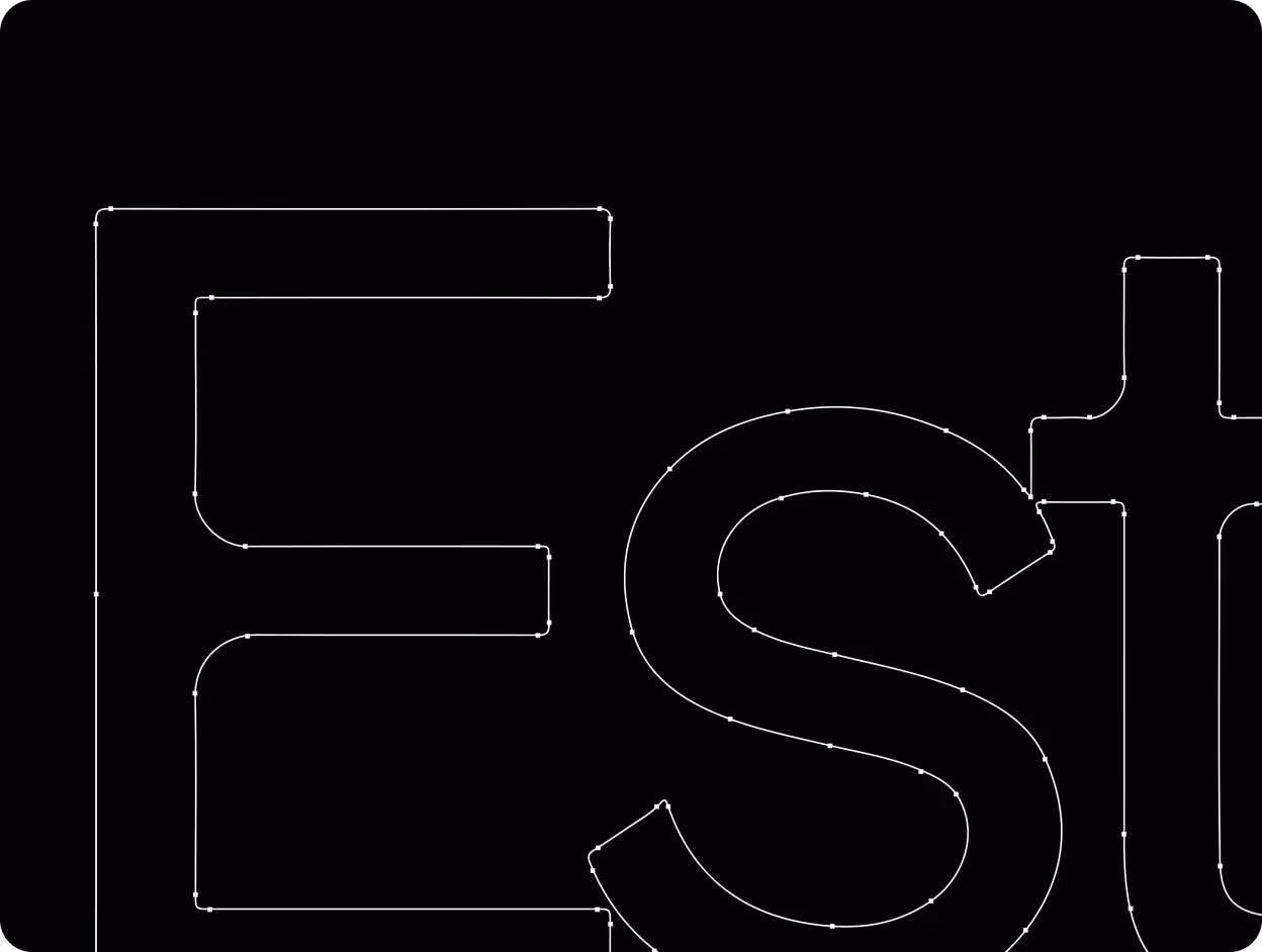 A technical close-up of the Estative logo wordmark shown in vector outline mode, revealing the precise anchor points and curves used in its construction. 