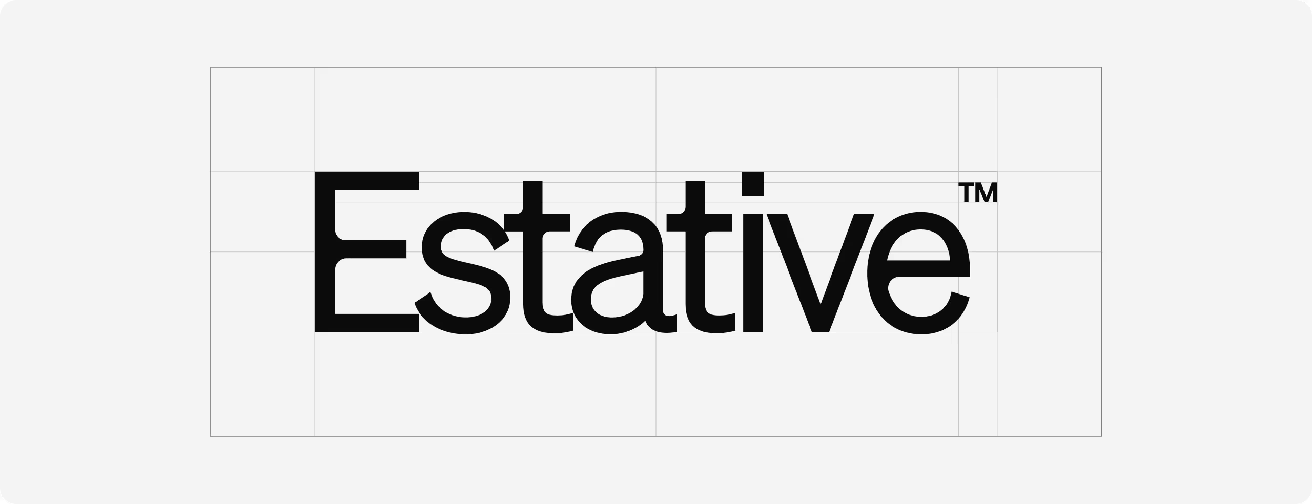 A technical logo construction guide for Estative, showing the black wordmark centered within a grid of thin alignment lines. 
