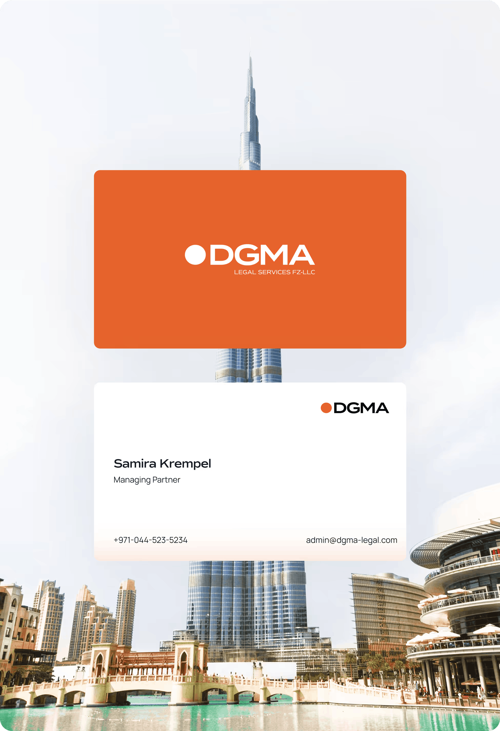 Both sides of a DGMA business card for Managing Partner Samira Krempel, shown against a backdrop of the Burj Khalifa in Dubai. One side is solid orange with the white logo, while the other is white with contact details. 