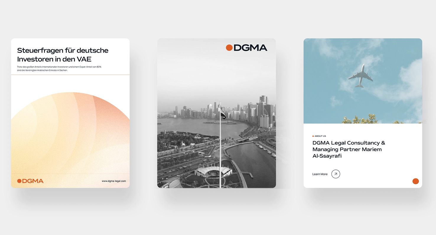 Three square social media tiles for DGMA: one discussing tax questions for German investors in the UAE, a center tile featuring a grayscale Dubai cityscape, and a third tile about Managing Partner Mariem Al-Ssayrafi with an image of an airplane in a blue sky.