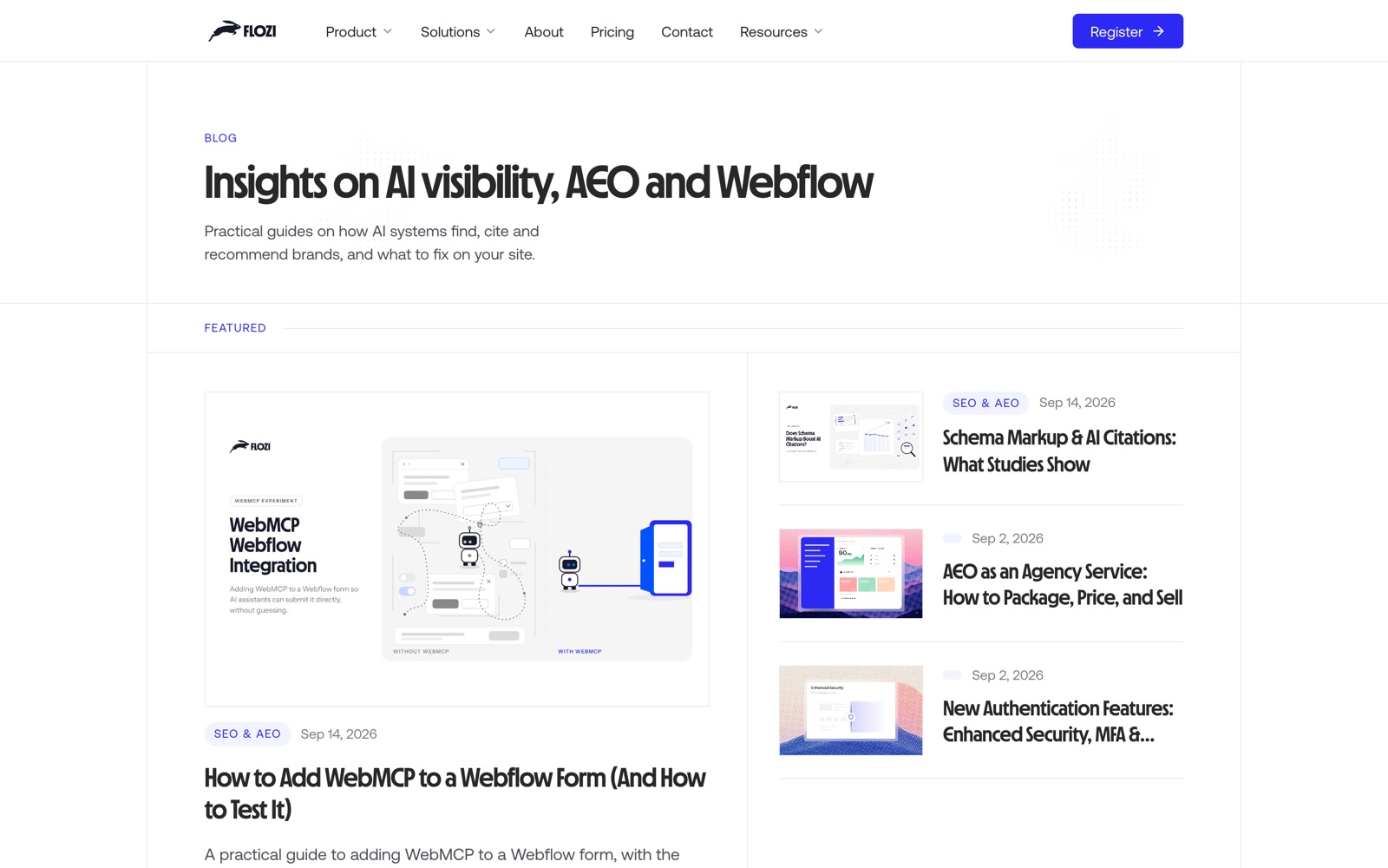 Flozi blog rebuilt on Framer CMS with featured post and category tags