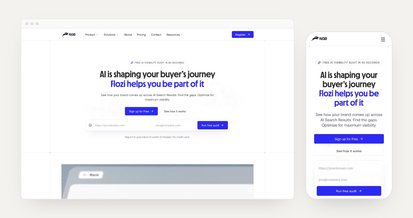 Flozi homepage on desktop and mobile after the Framer migration