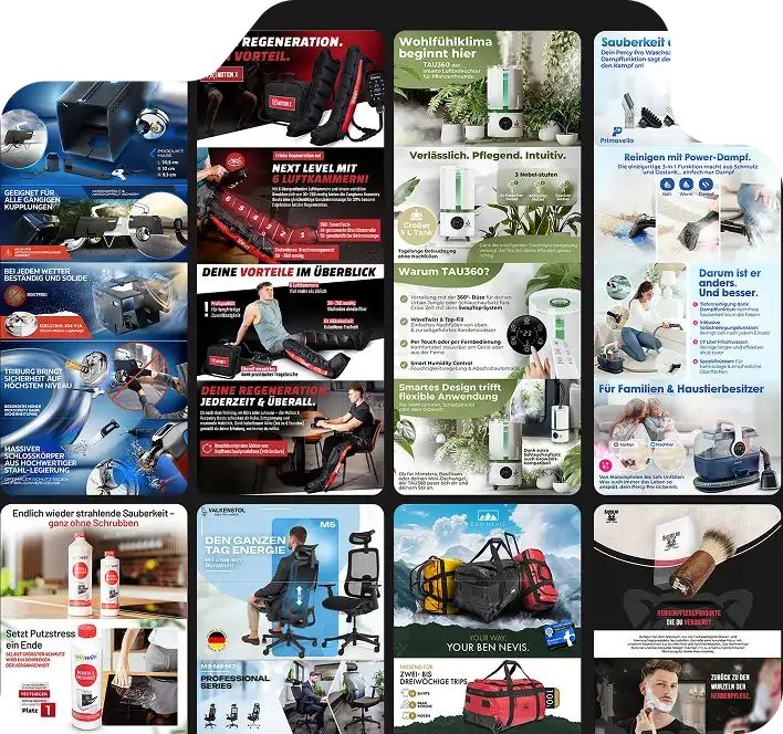 Stacvalley - Amazon product ads collage featuring fitness, home appliances, office furniture and grooming
