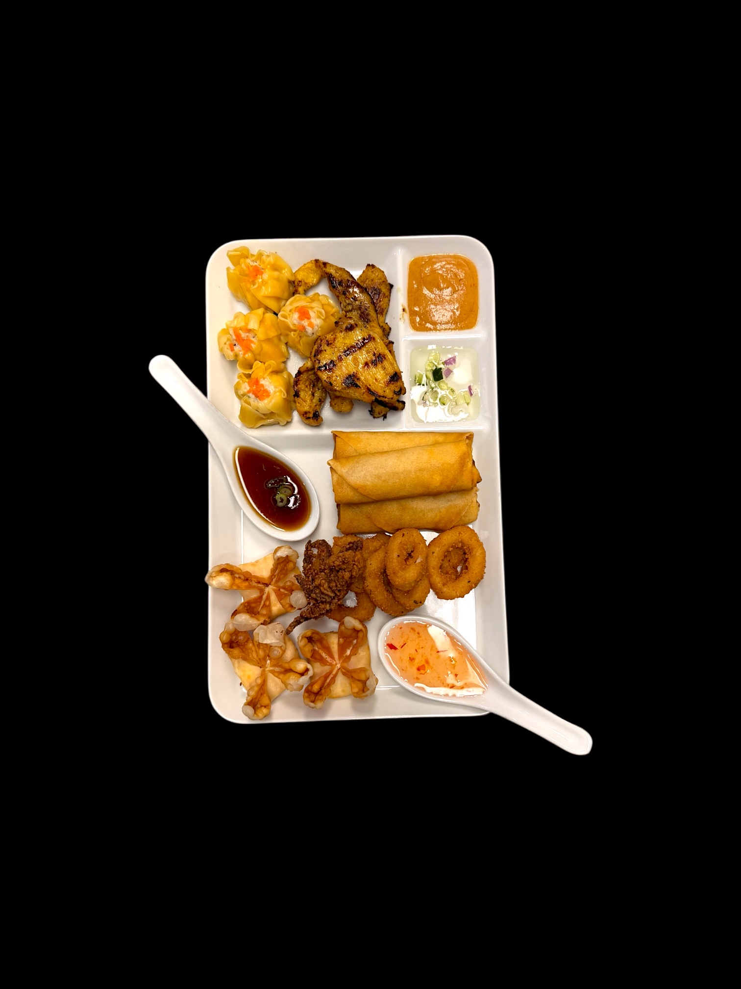 Order includes chicken satay, dumplings, wontons, eggrolls, and calamari.
