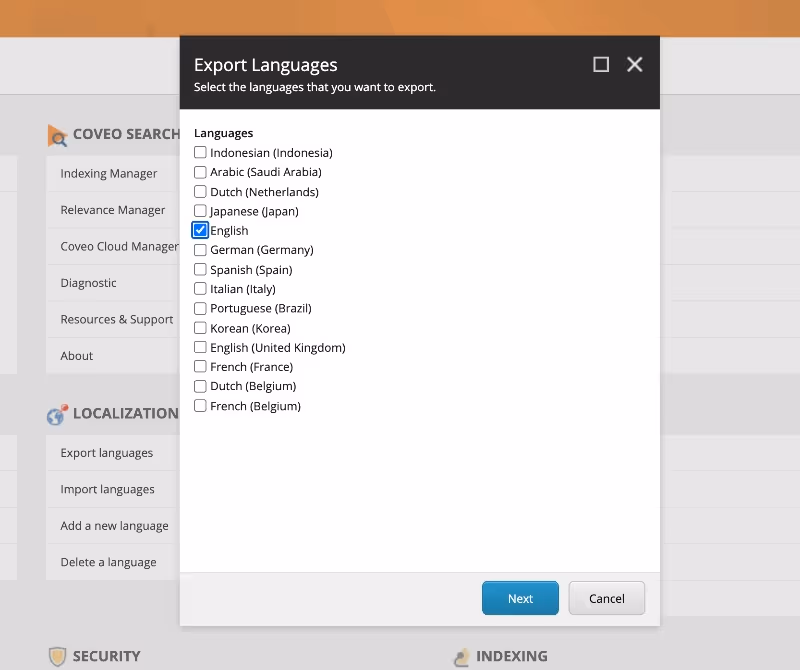 Selecting Sitecore language for export