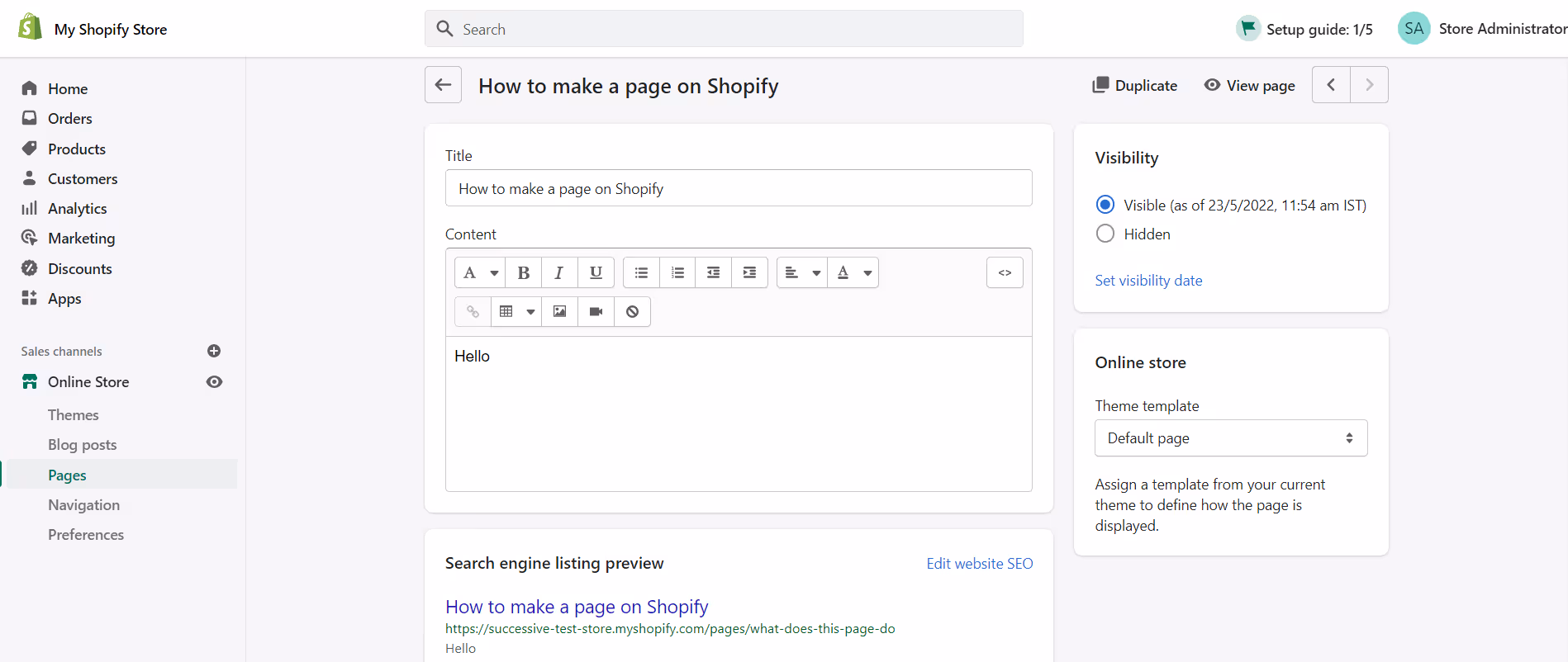 Shopify's ‘Pages’ sub-tab