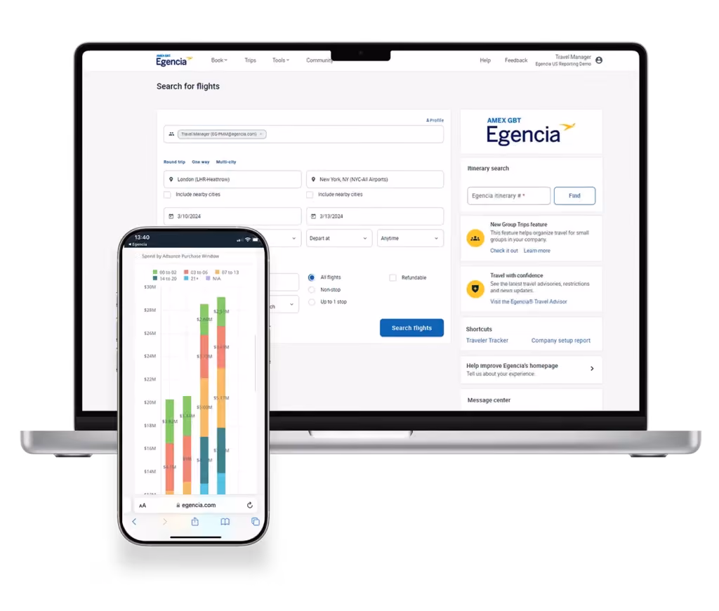 Egencia corporate travel interface displaying flight booking form, itinerary search, and mobile advance purchase spend chart
