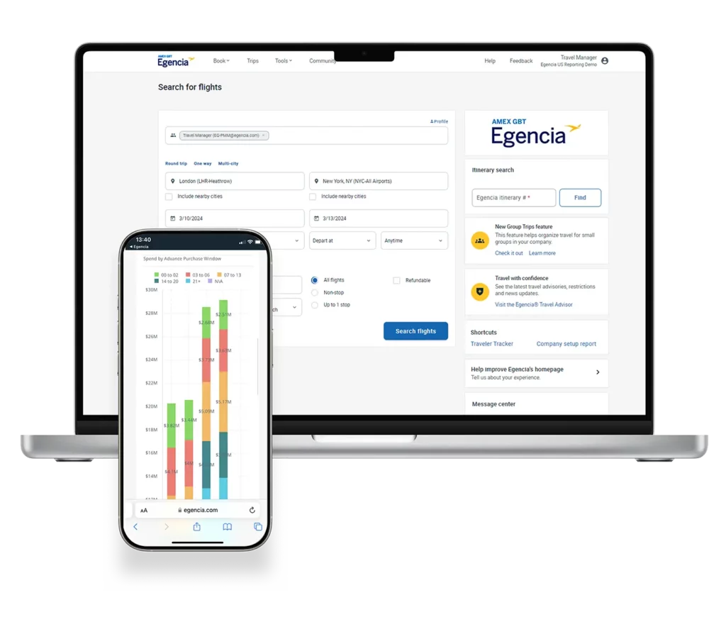 Egencia corporate travel interface displaying flight booking form, itinerary search, and mobile advance purchase spend chart