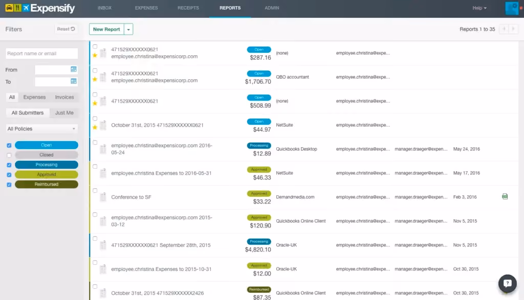 Expensify reports dashboard showing expense report list with amounts, approval status filters, and integration details