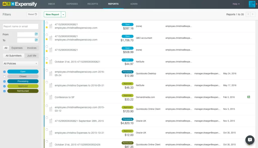 Expensify reports dashboard showing expense report list with amounts, approval status filters, and integration details