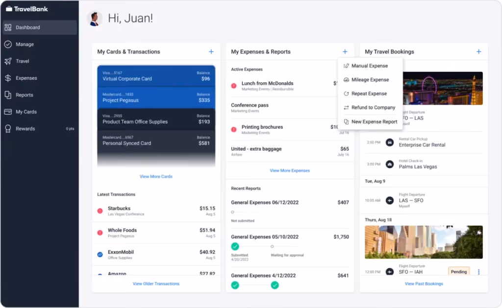 TravelBank unified dashboard showing corporate cards, active expenses, recent reports, and upcoming travel bookings