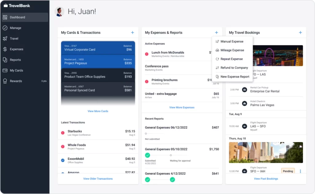 TravelBank unified dashboard showing corporate cards, active expenses, recent reports, and upcoming travel bookings
