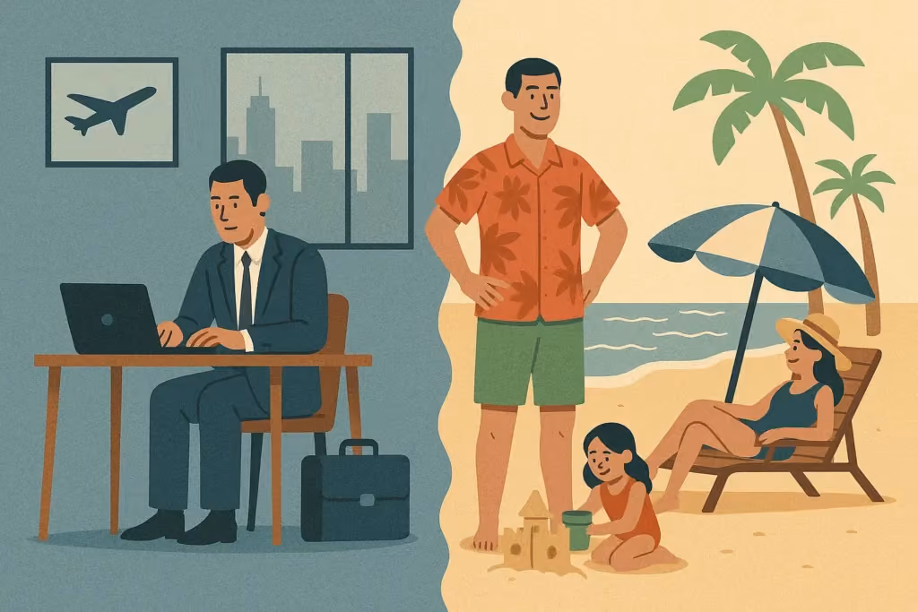 A family relaxing on a beach after business trip, representing the concept of Bleisure Travel