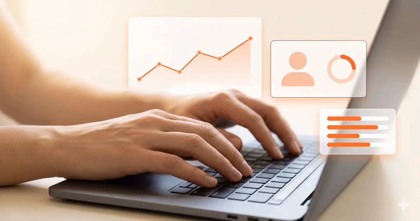 Hands typing on a laptop keyboard with translucent expense and approval dashboard panels floating above