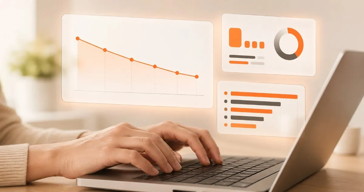 Hands typing on a laptop with floating expense-policy approval and category dashboard panels, illustrating expense policy template guidance.