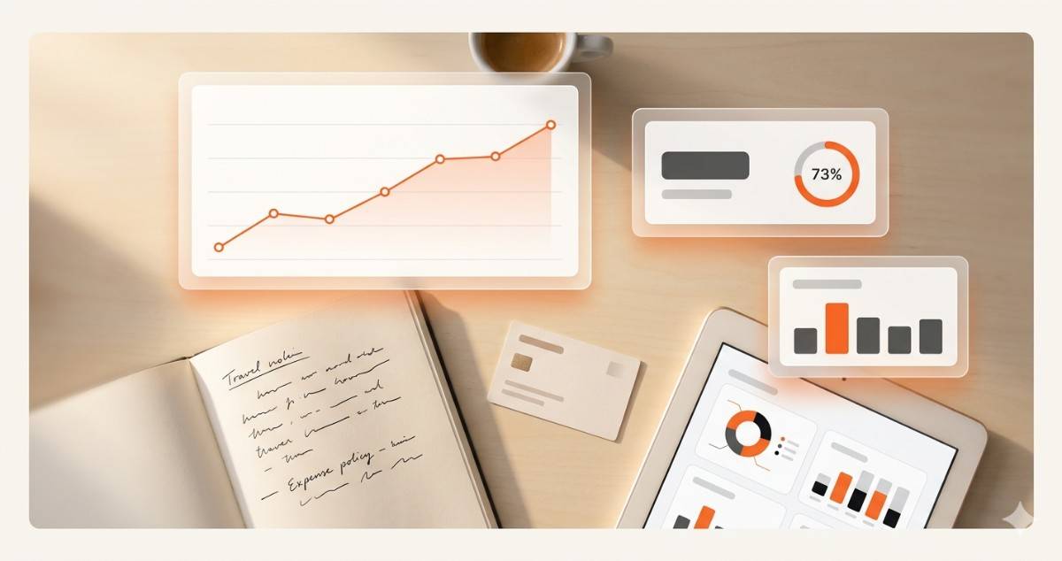 Overhead flat-lay of an open policy notebook, a tablet showing an abstract dashboard, and a corporate card on a warm wood desk, framing a guide on travel and expense policy best practices.