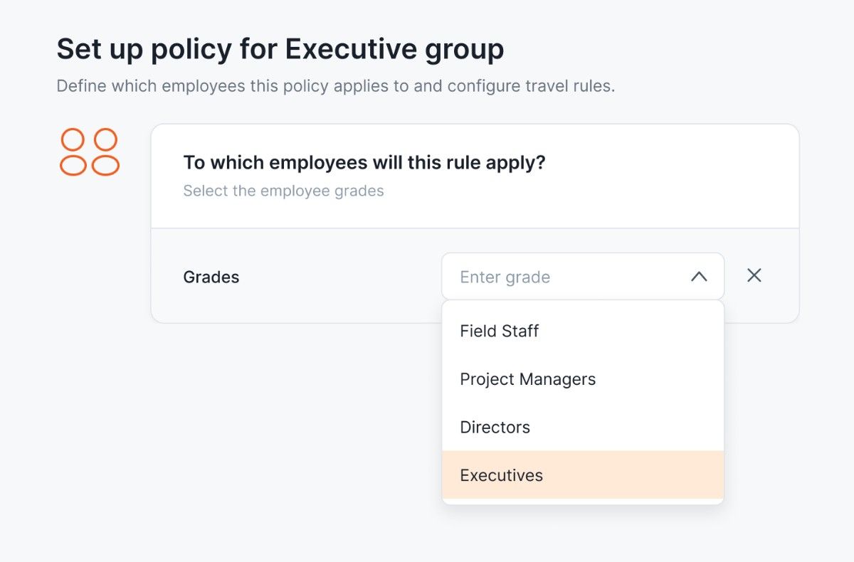 TILITE’s policy configuration window with a dropdown highlighting “Executives” as employee grade”