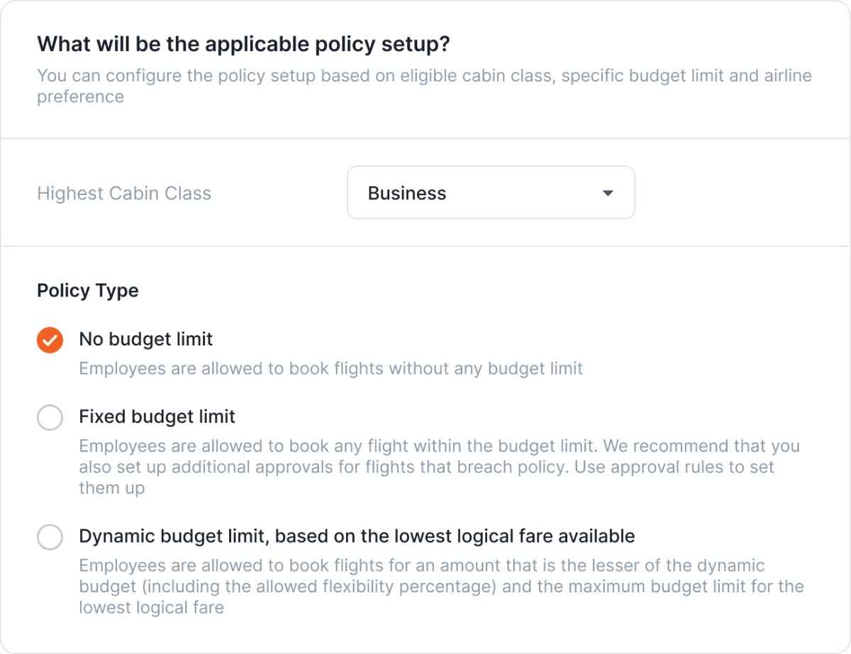  Executive policy setting showing “Business class” as the highest allowed cabin class for executive grade