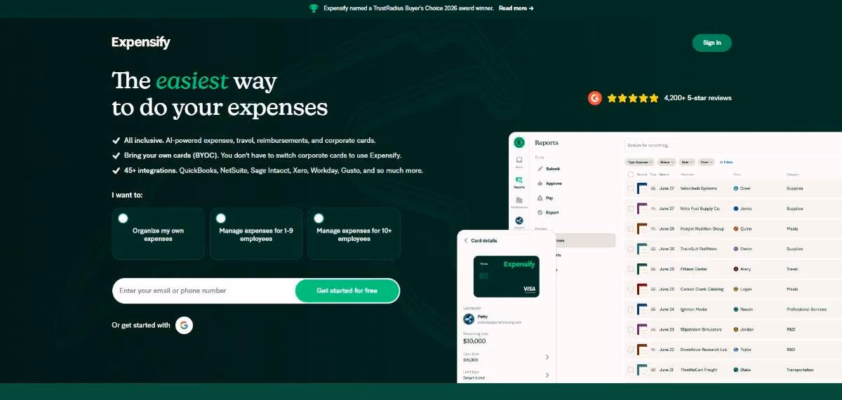An image of Expensify's Homepage