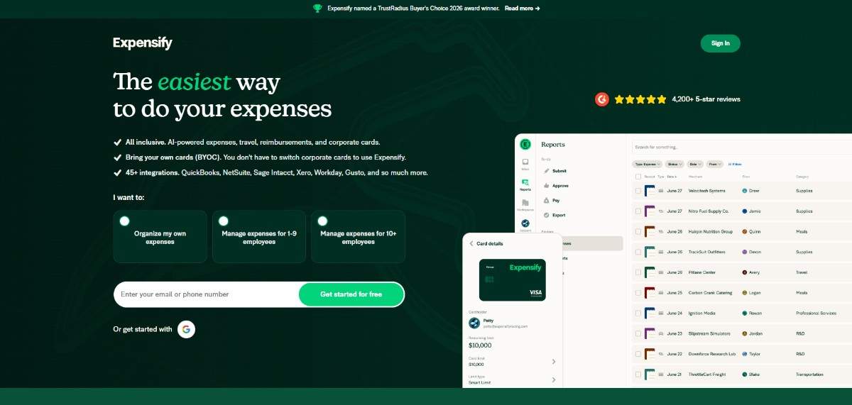 An Image showing Expensify's Homepage