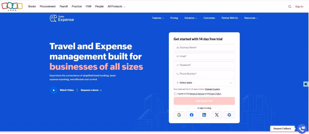 An Image showing Zoho Expense Homepage