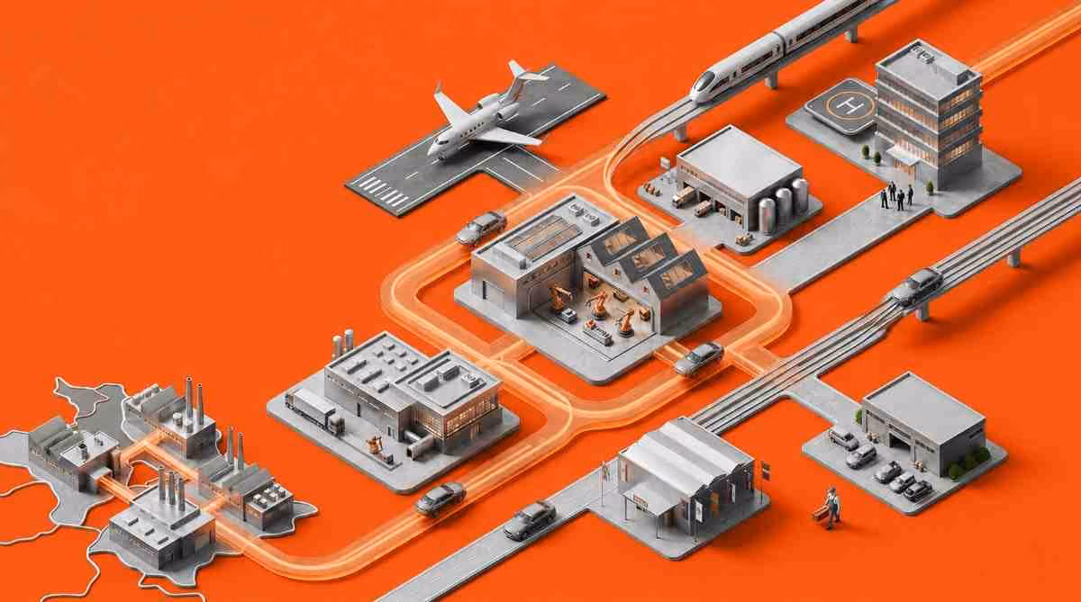 Isometric illustration linking factories, a plane, a train and an office by glowing routes