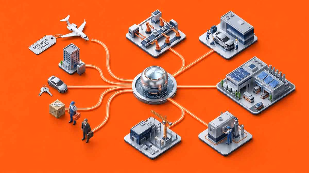 Isometric diagram linking a business travel tag, private jet and worksites to a central hub