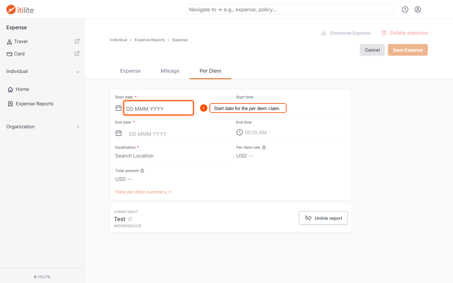 How do I add a per diem claim to an existing report? — screenshot 5
