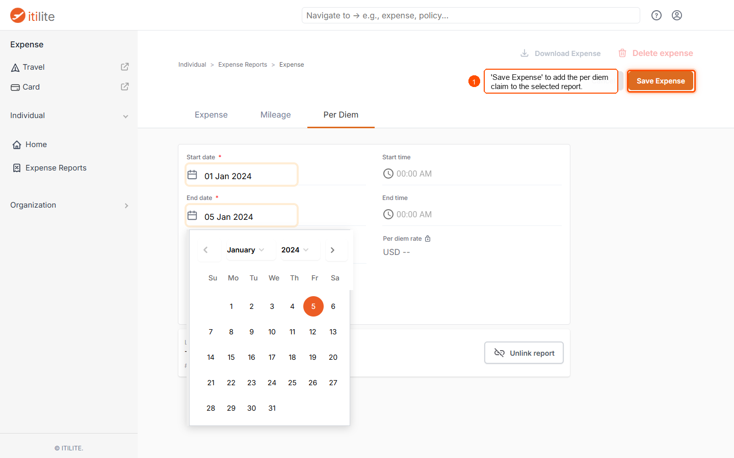 How do I add a per diem claim to an existing report? — screenshot 6